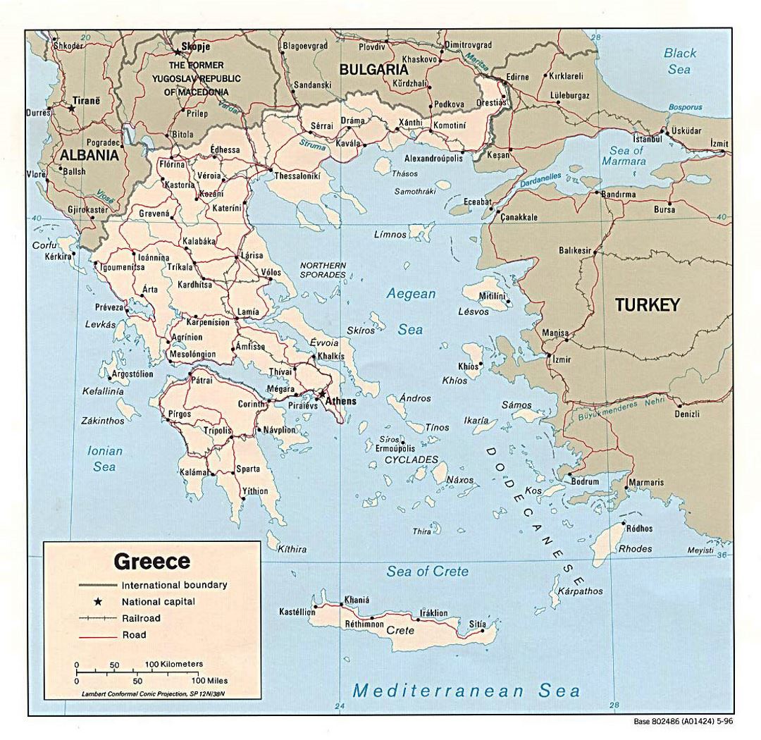 Detailed political map of Greece with roads and major cities - 1996