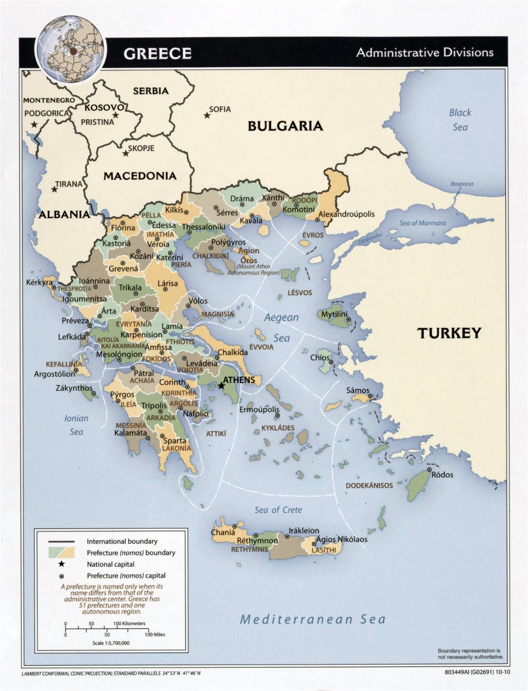 Large detailed administrative divisions map of Greece - 2010