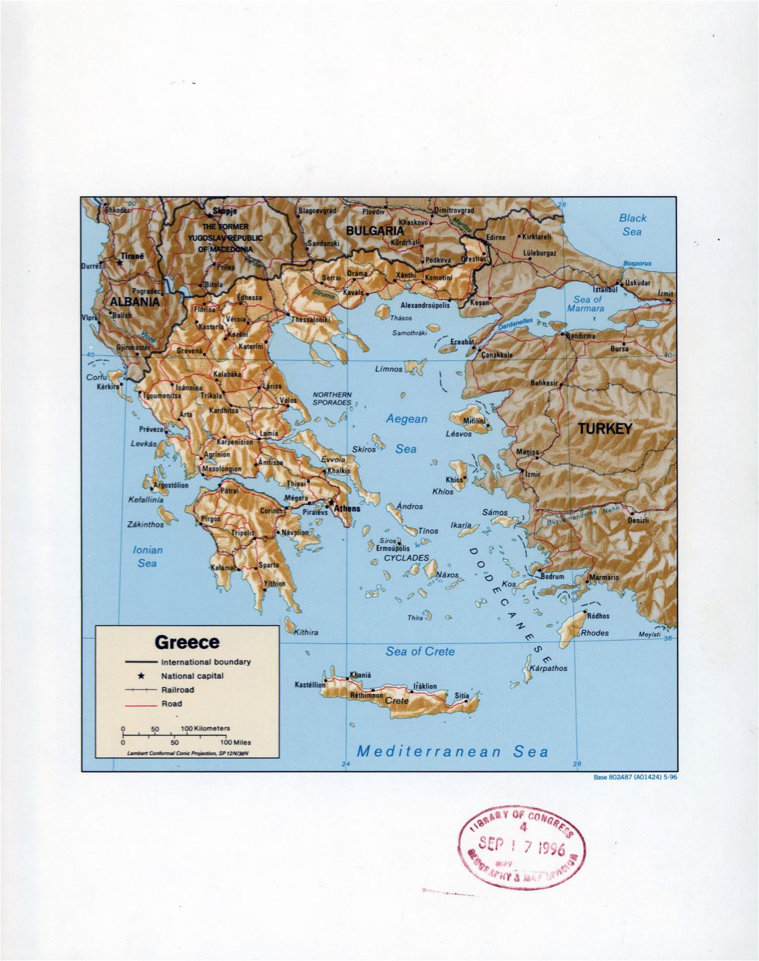 Large detailed political map of Greece with relief, marks of roads, railroads and major cities - 1996