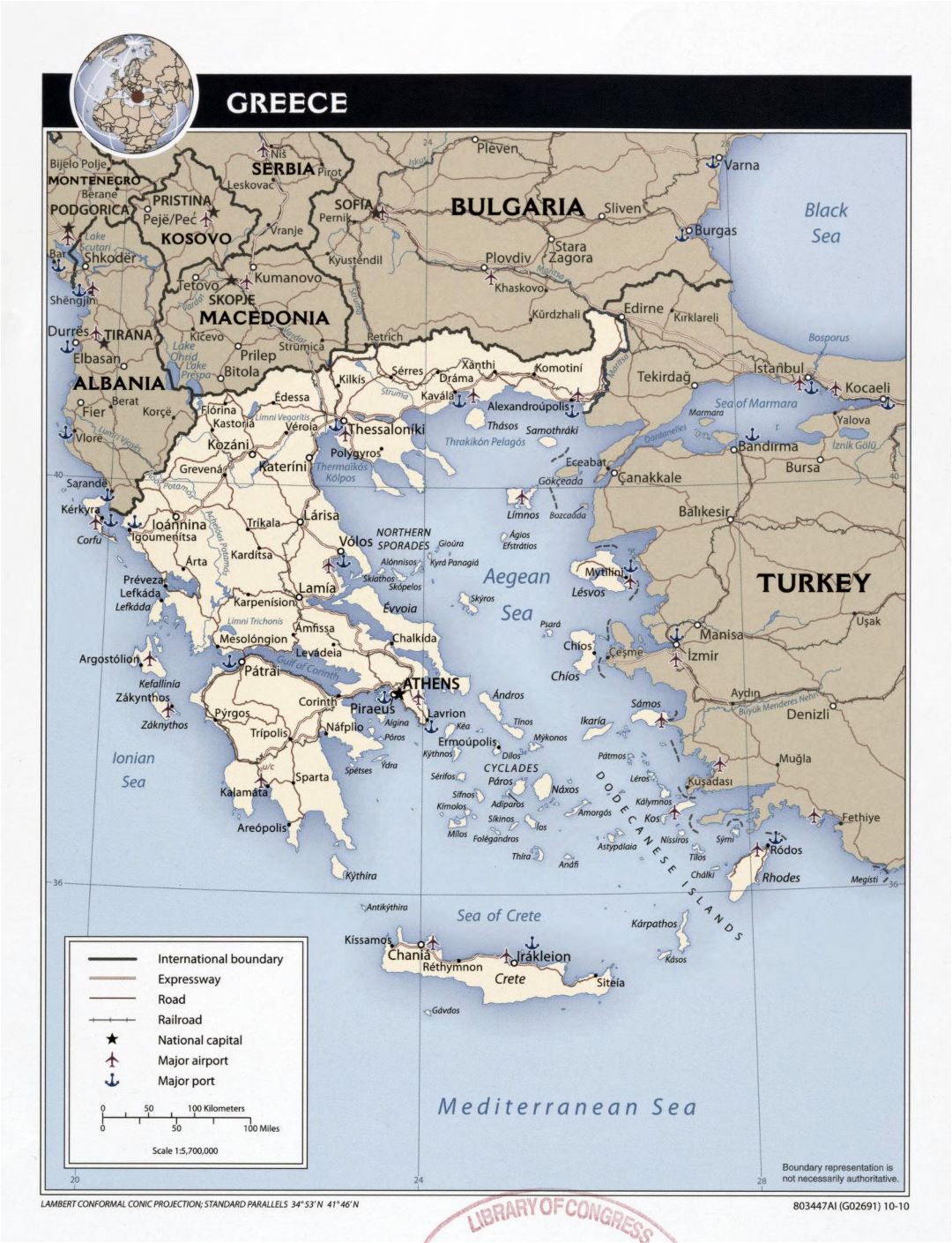 Large detailed political map of Greece with roads, major cities, airports and seaports - 2010