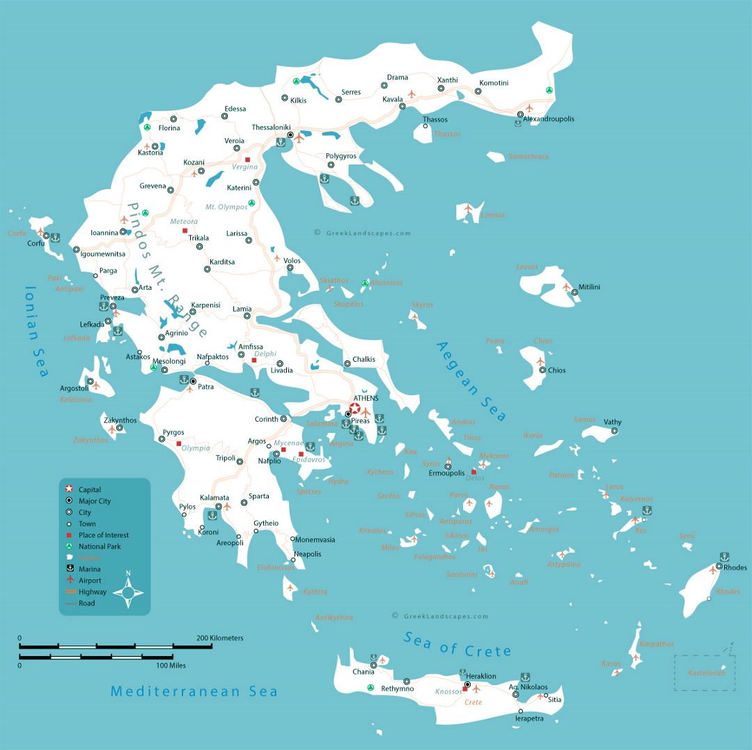 Large map of Greece with roads, major cities, seaports and airports