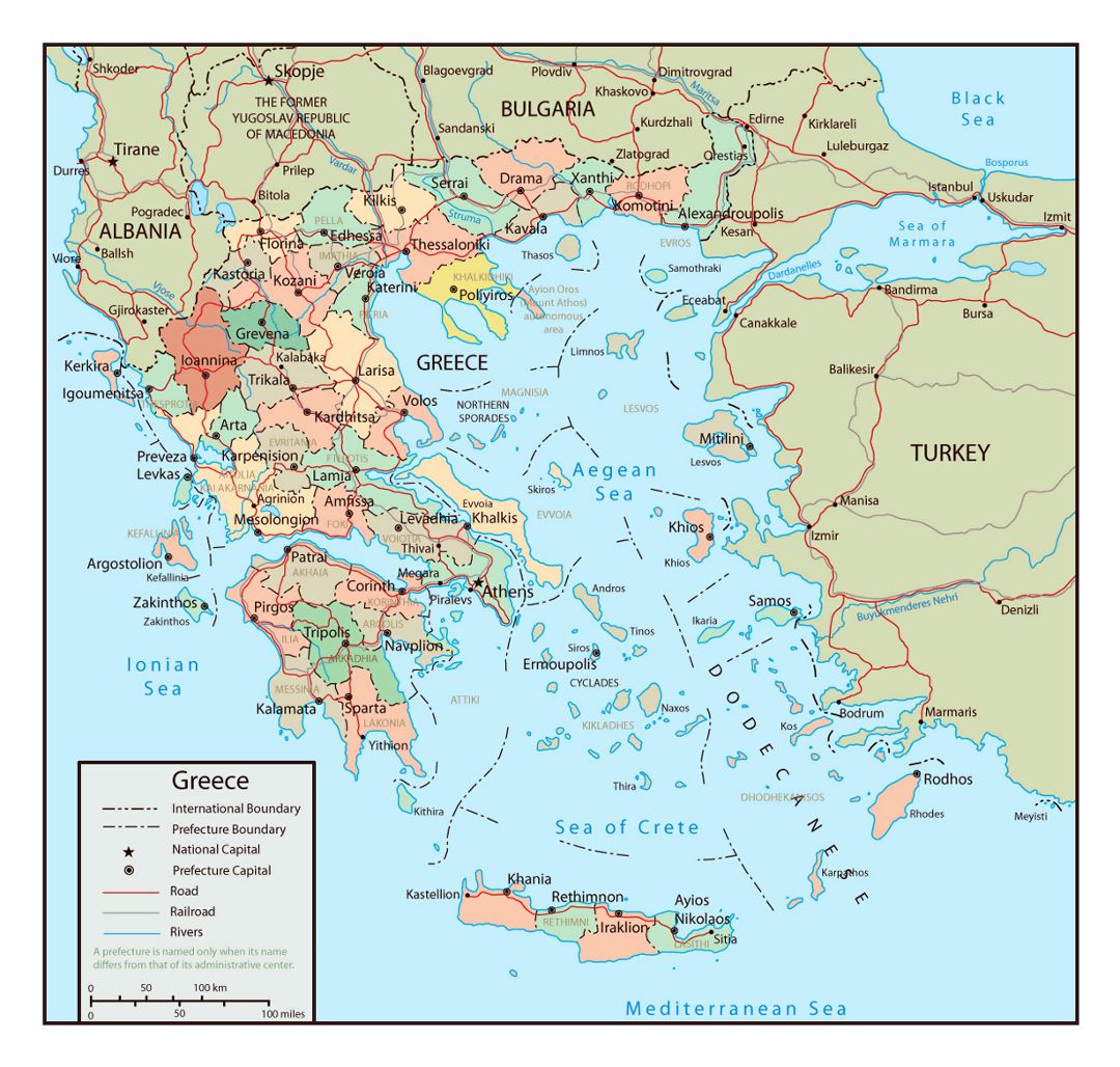 Large political and administrative map of Greece with roads and major cities