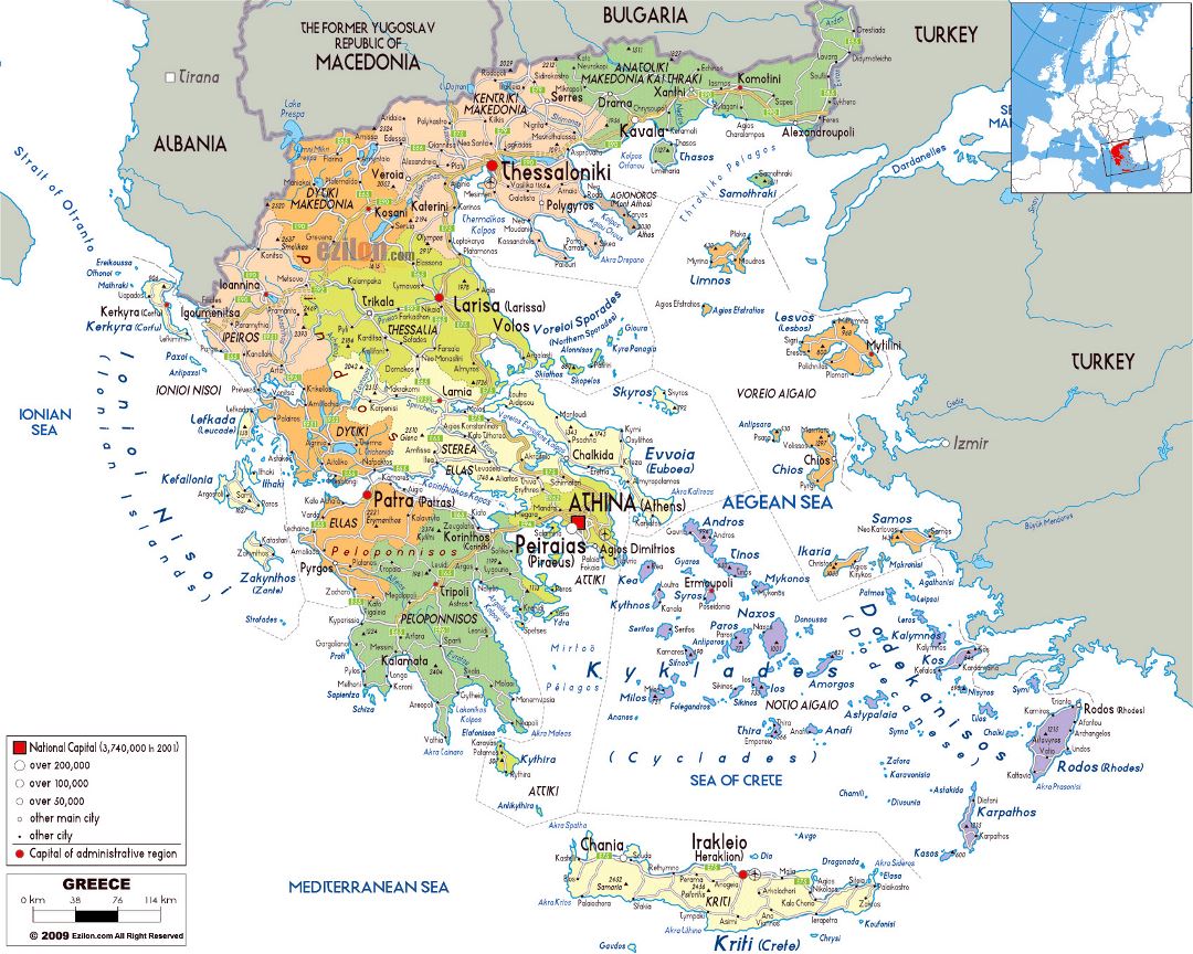 Large political and administrative map of Greece with roads, cities and airports