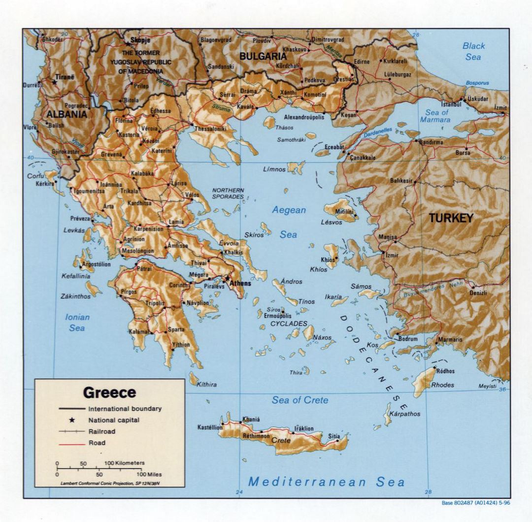 Large political map of Greece with relief, roads and major cities - 1996