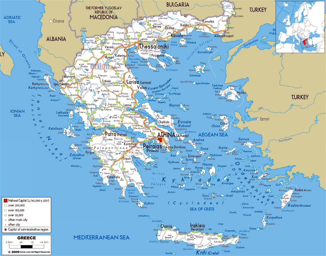Large road map of Greece with cities and airports