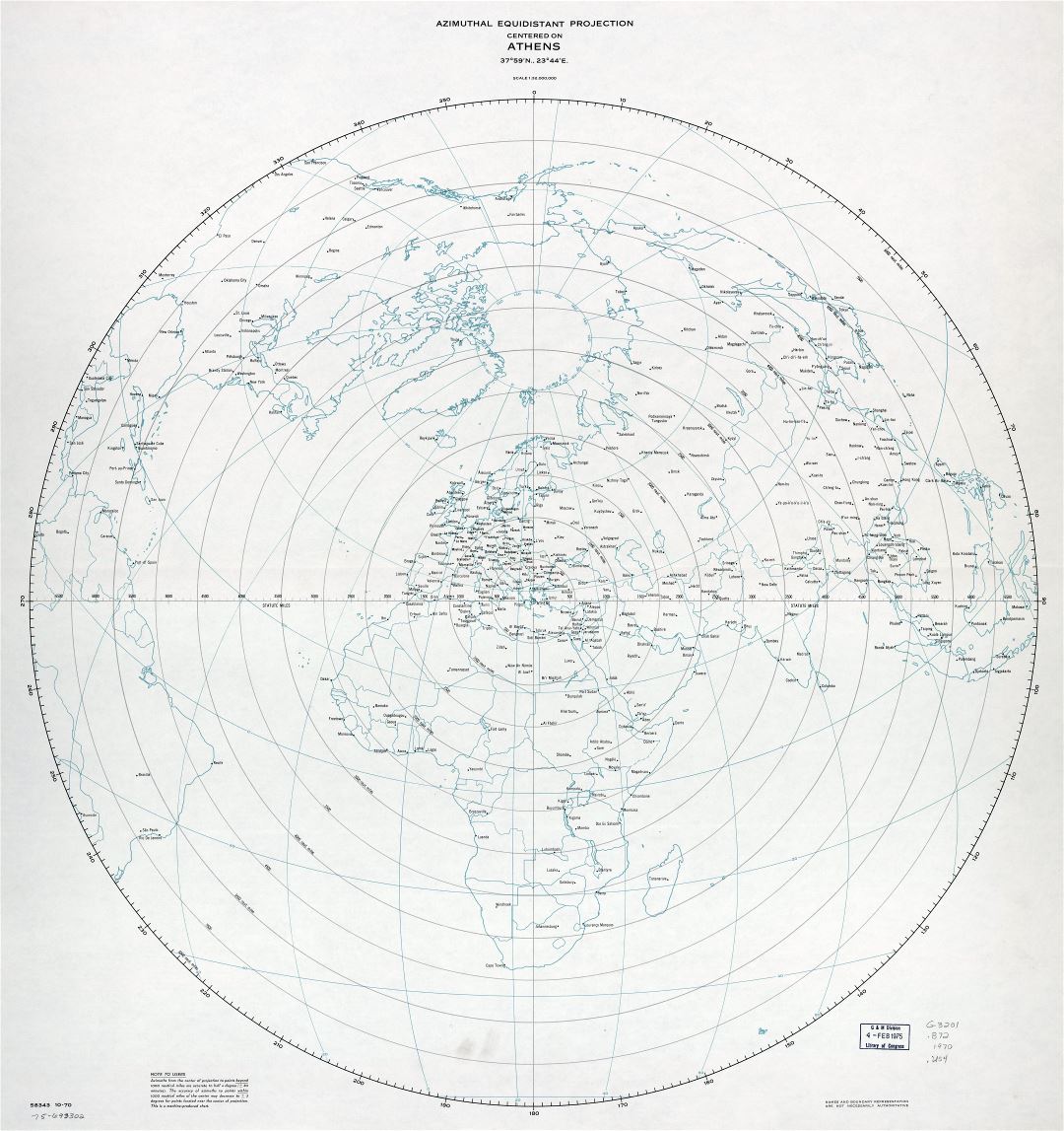 Large scale detail azimuthal equidistant projection map centered on Athens - 1970