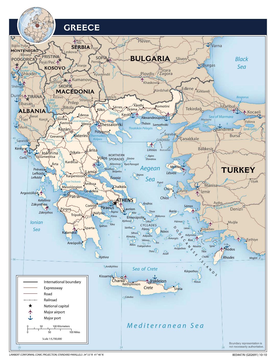 Large scale political map of Greece with roads, major cities, airports and seaports - 2010