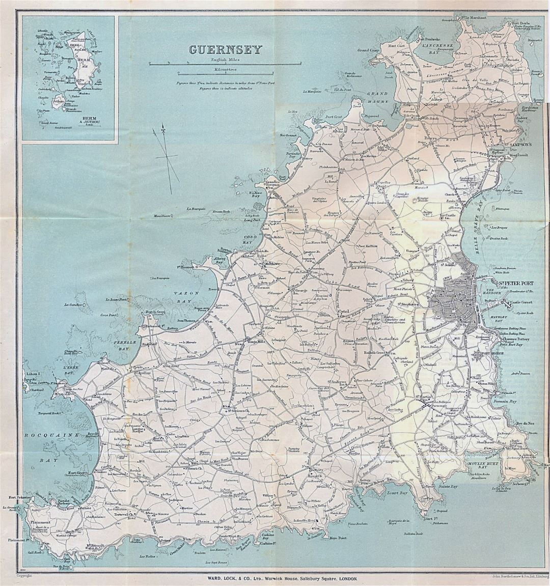 Large detailed old map of Guernsey with all roads and cities - 1930