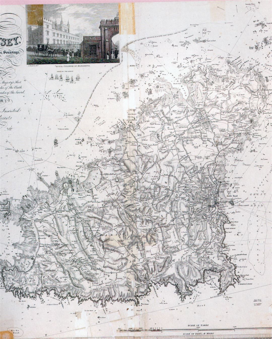 Large detailed old map of Guernsey with roads, cities and relief - 1835