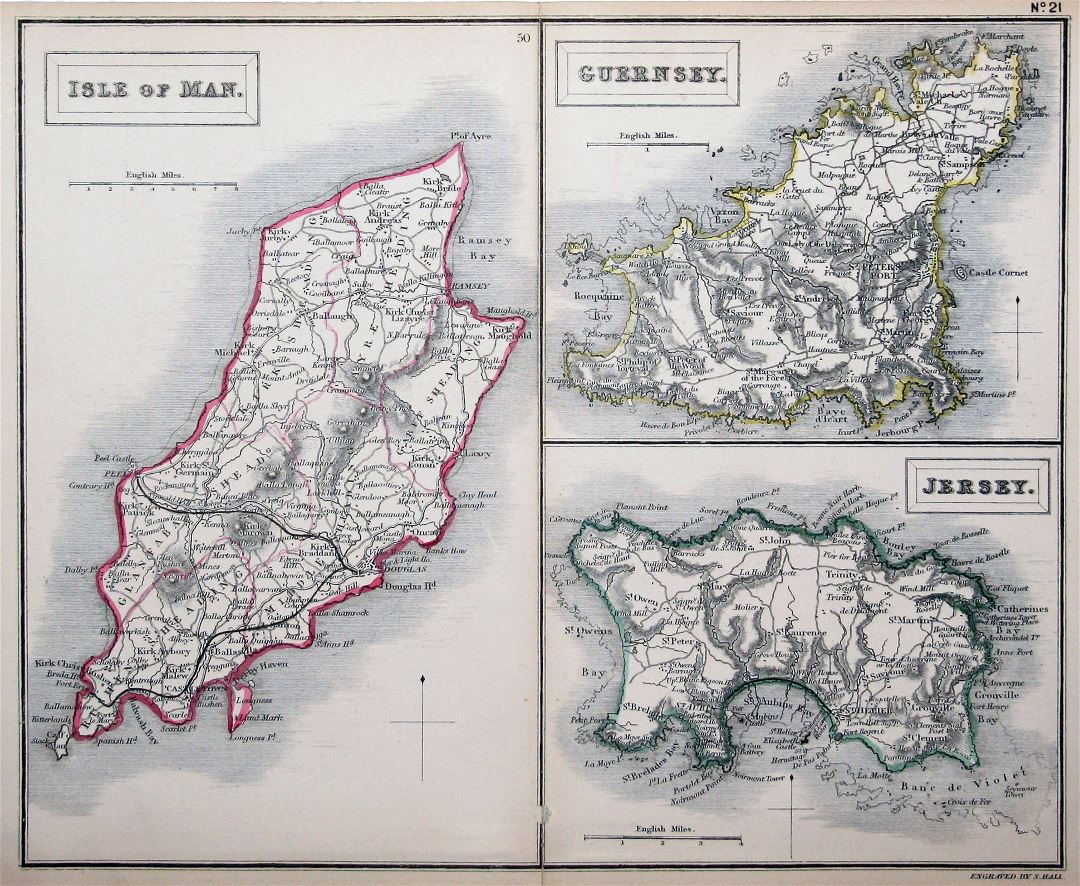 Large detailed old map of Isle of Man, Guernsey and Jersey