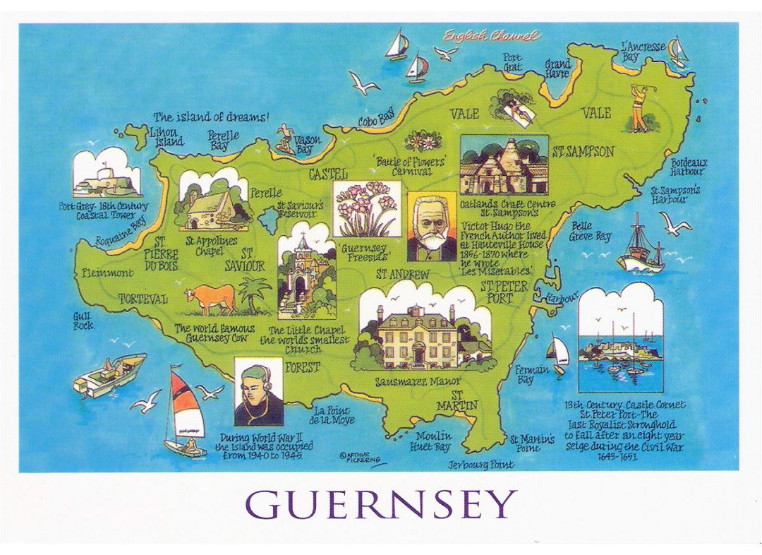 Large tourist illustrated map of Guernsey
