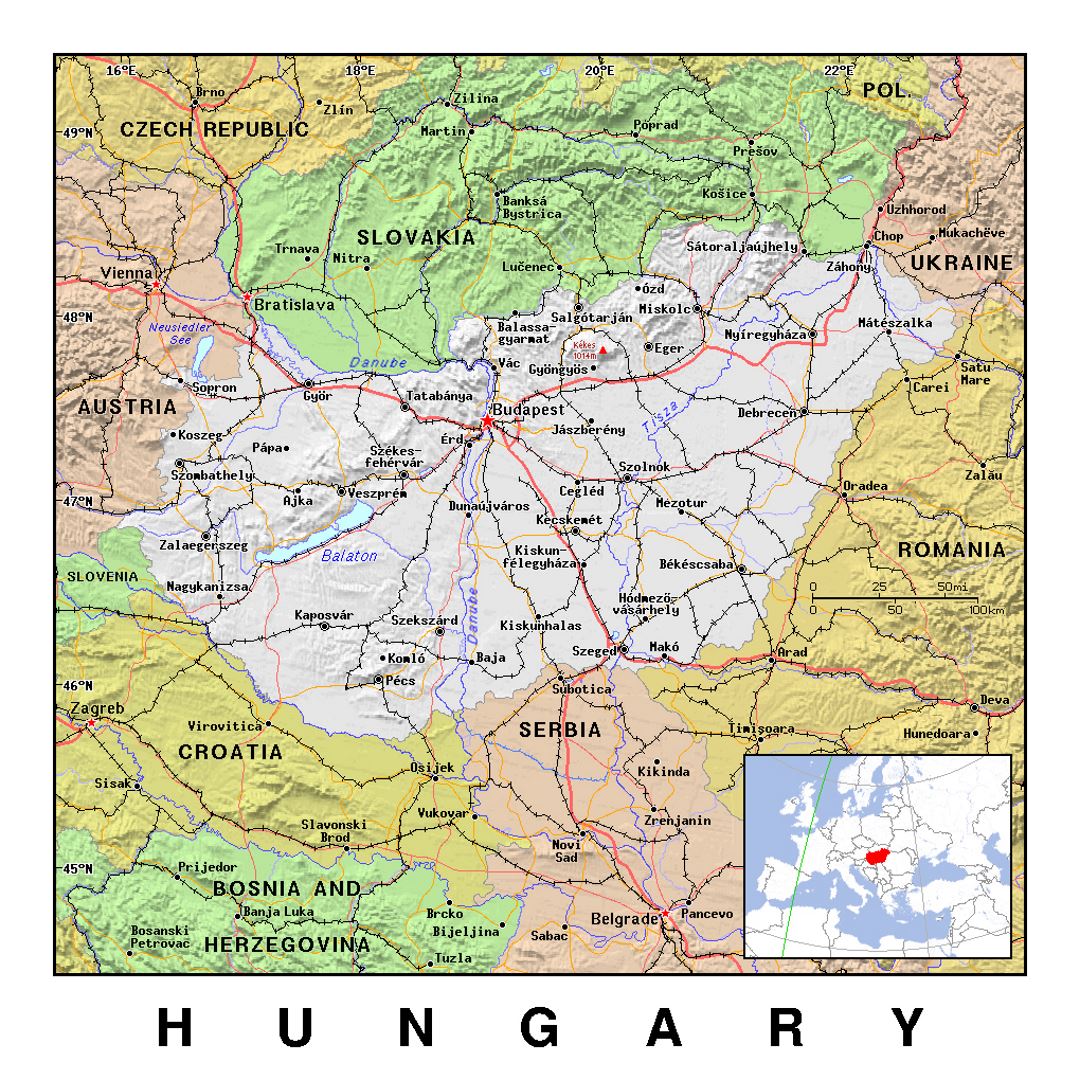 Detailed political map of Hungary with relief