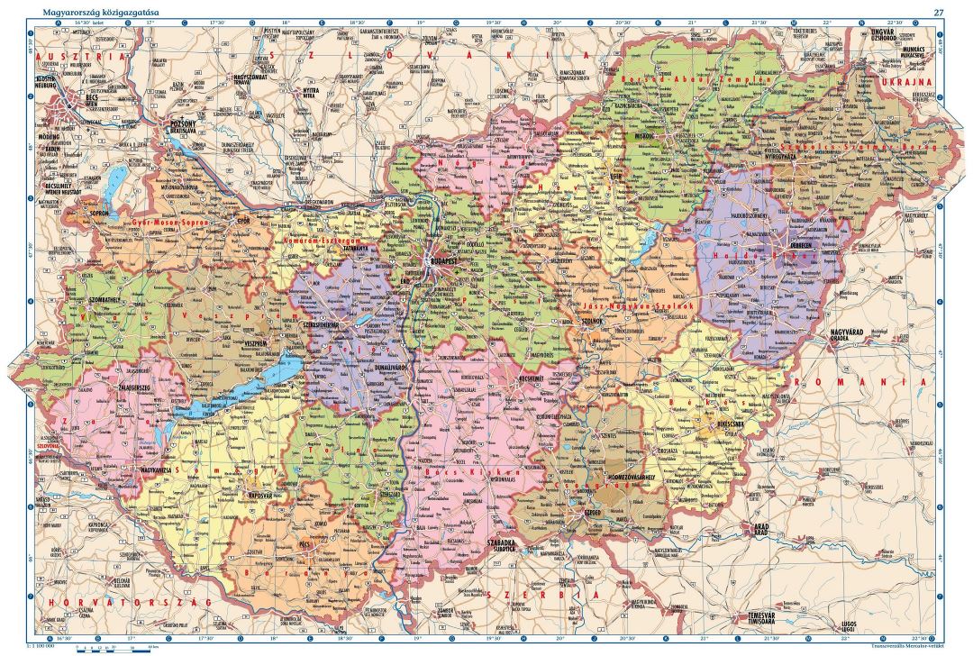 Large detailed political and administrative map of Hungary with all cities, villages, roads, highways and airports