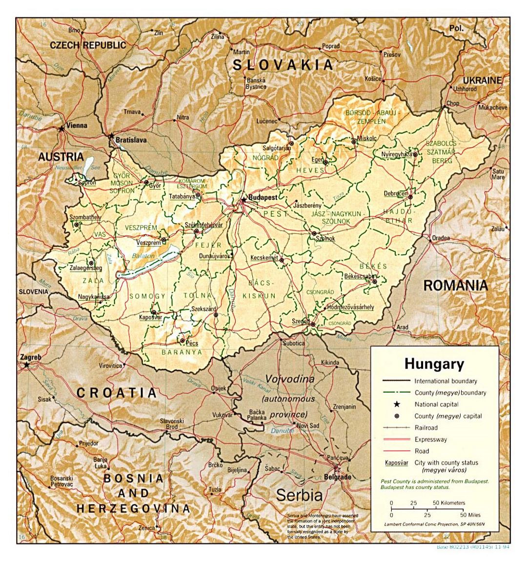Large political and administrative map of Hungary with relief, roads and major cities - 1994