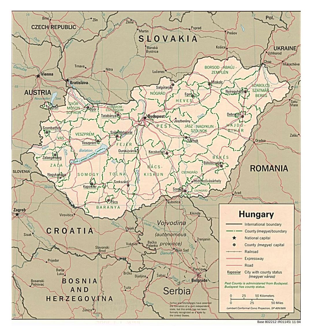 Large political and administrative map of Hungary with roads and major cities - 1994