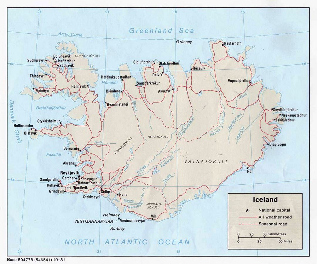Detailed political map of Iceland with roads and cities - 1981