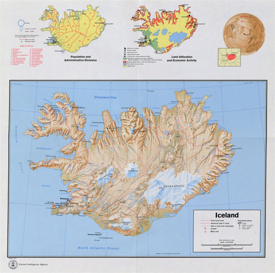 Large detailed country profile map of Iceland - 1973