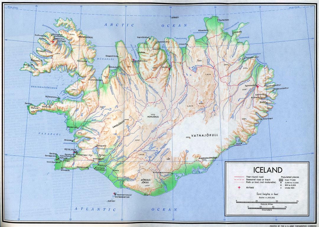 Large detailed political map of Iceland with relief, roads, cities and airports - 1970