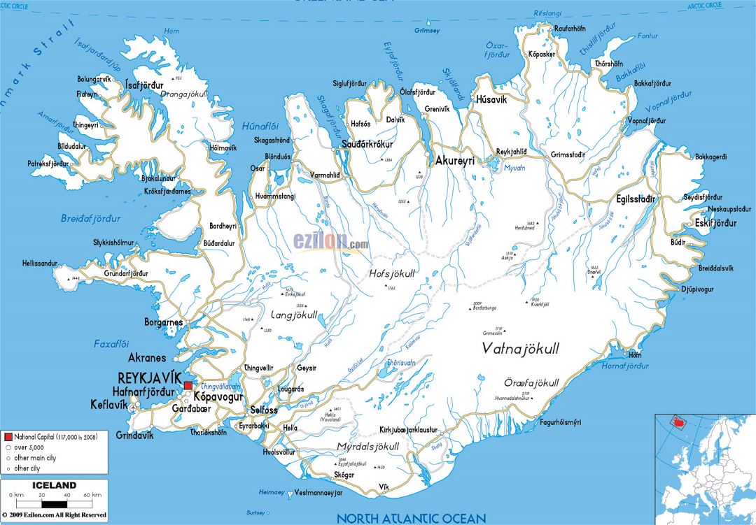 Large road map of Iceland with cities and airports