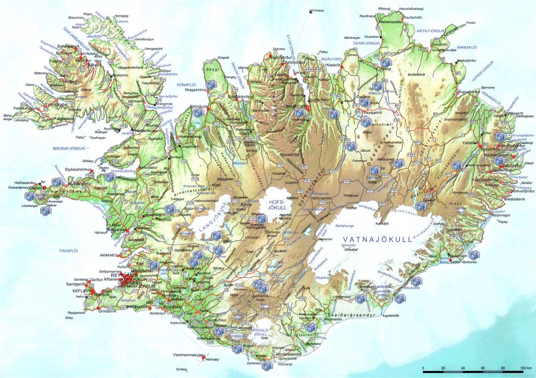 Large scale road map of Iceland with relief, cities and photo locations