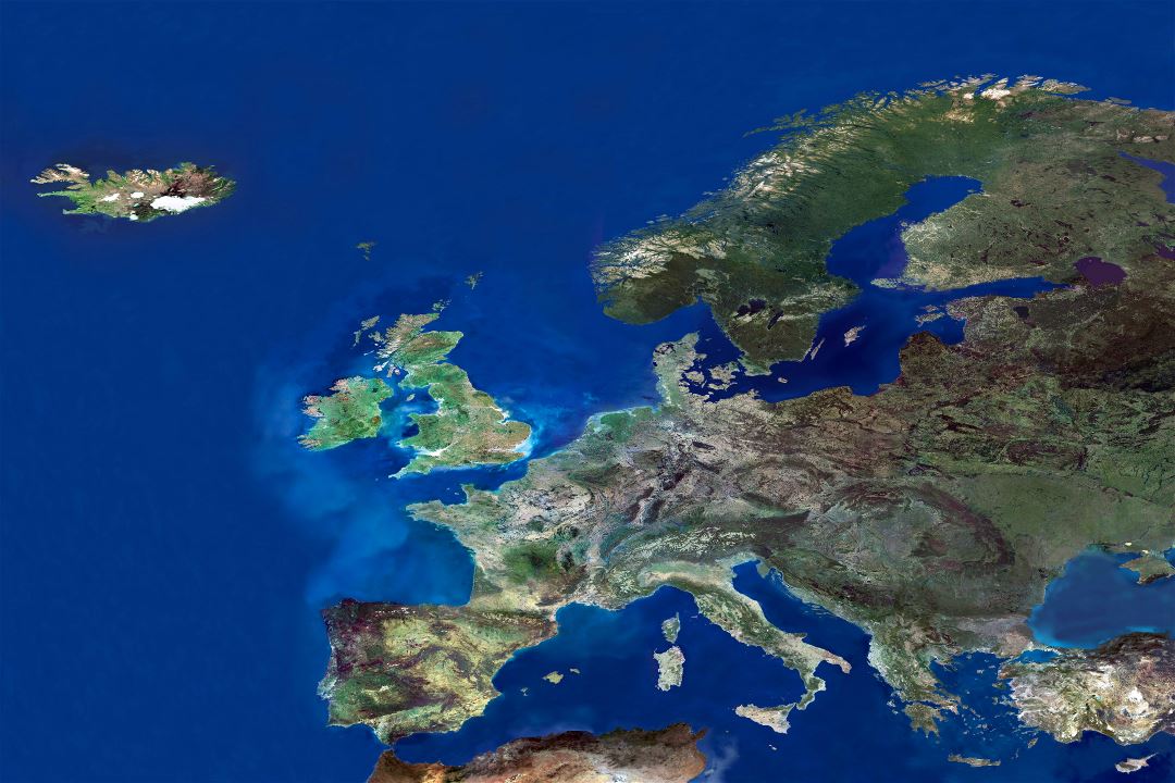 In high resolution detail satellite photo of Europe