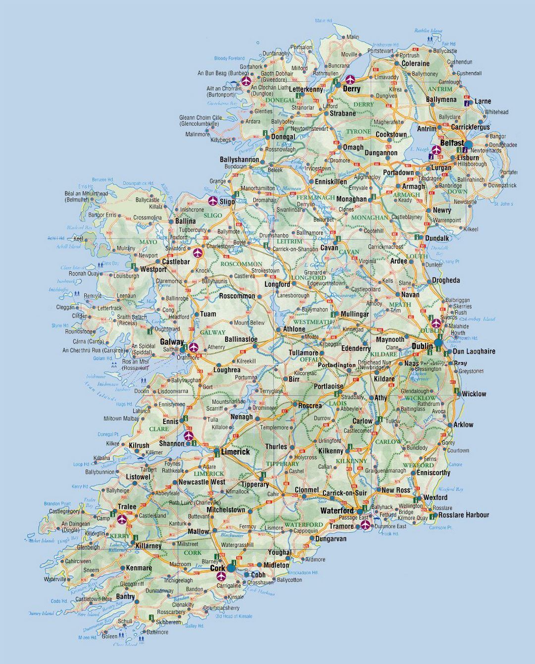 Detailed elevation and road map of Ireland with cities and airports