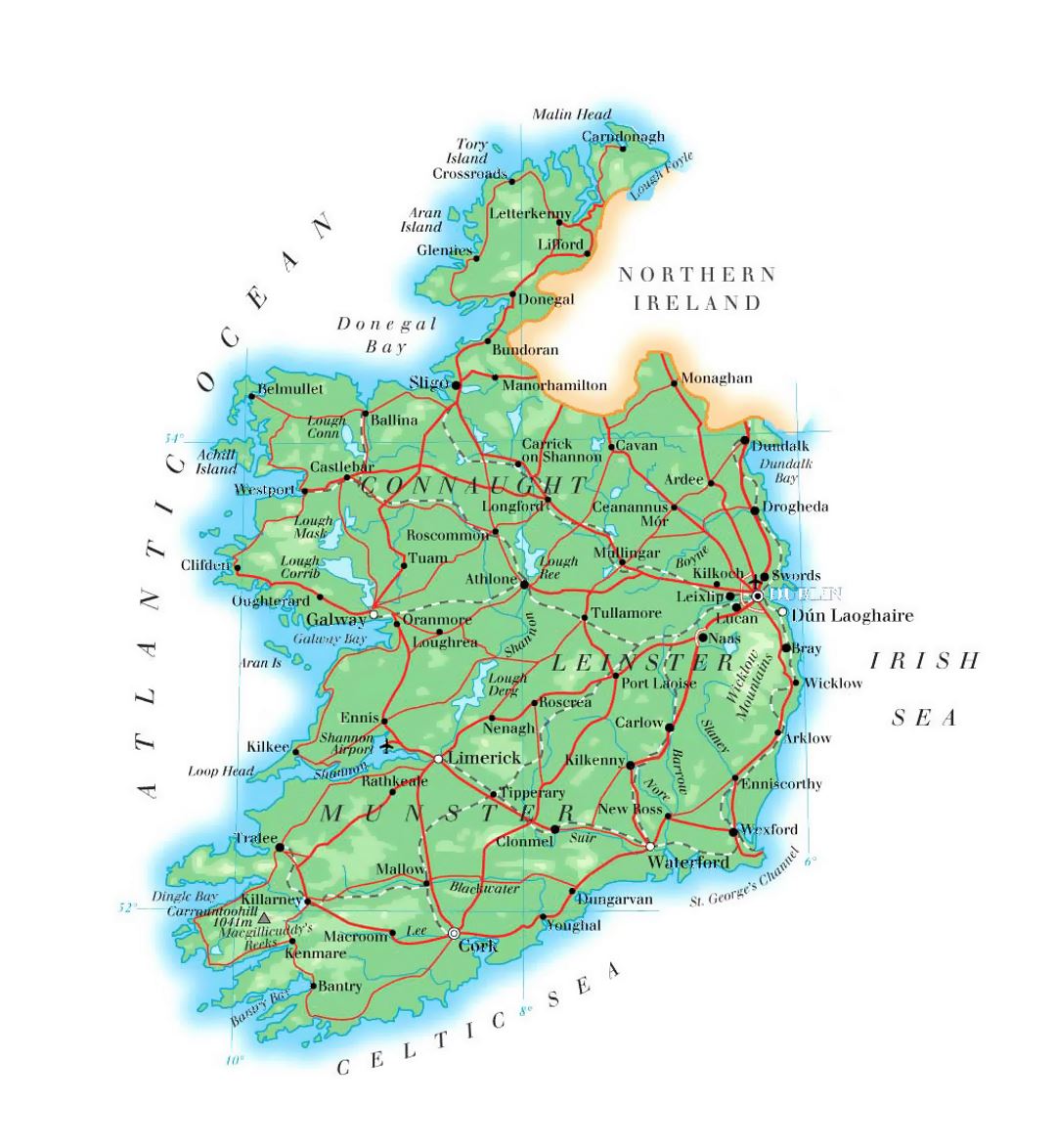 Detailed elevation map of Ireland with roads, cities and airports