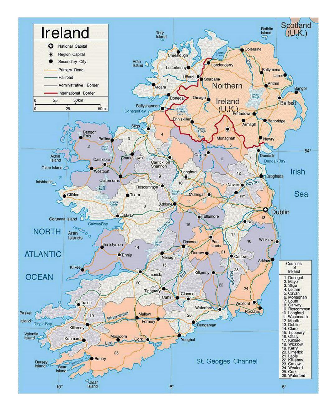 Detailed political and administrative map of Ireland with roads and major cities