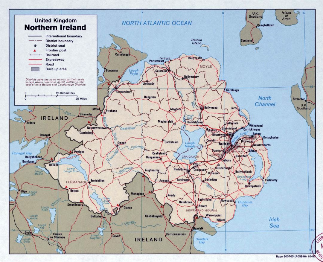 Large detailed political and administrative map of Northern Ireland with roads and major cities - 1987