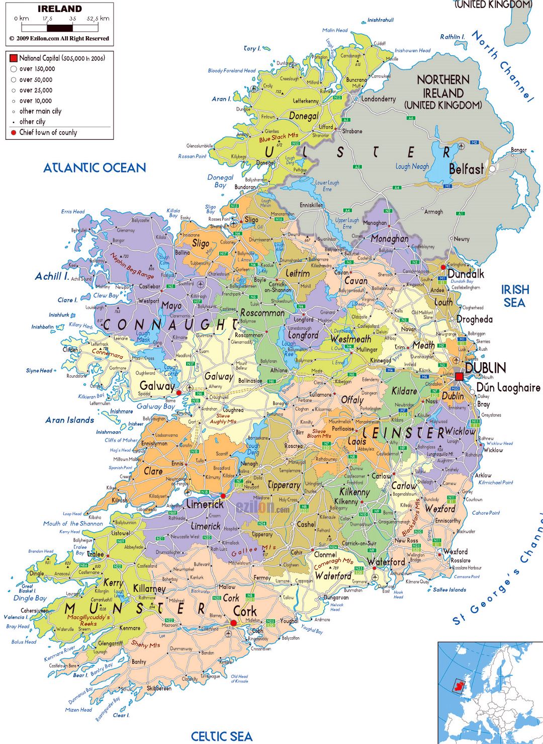 Large political and administrative map of Ireland with roads, cities and airports