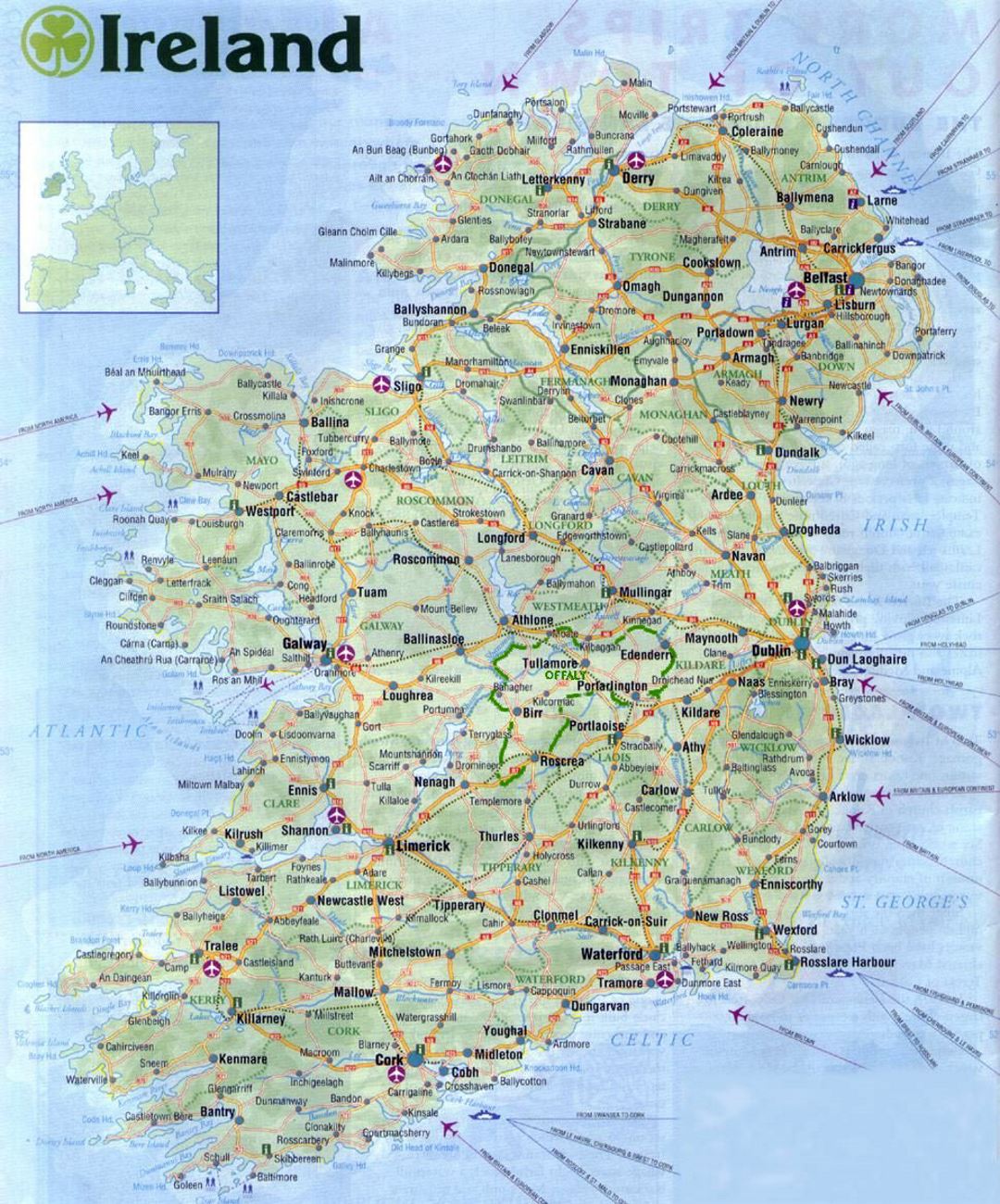 Large road map of Ireland with all cities, airports and roads