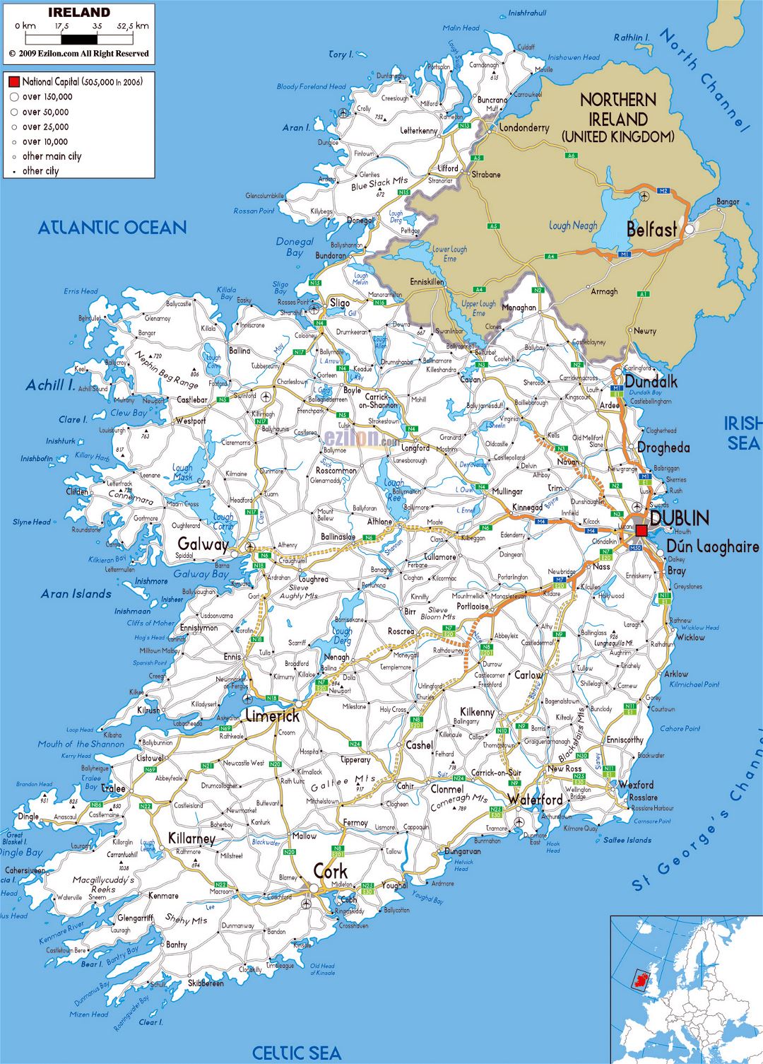 Large road map of Ireland with cities and airports