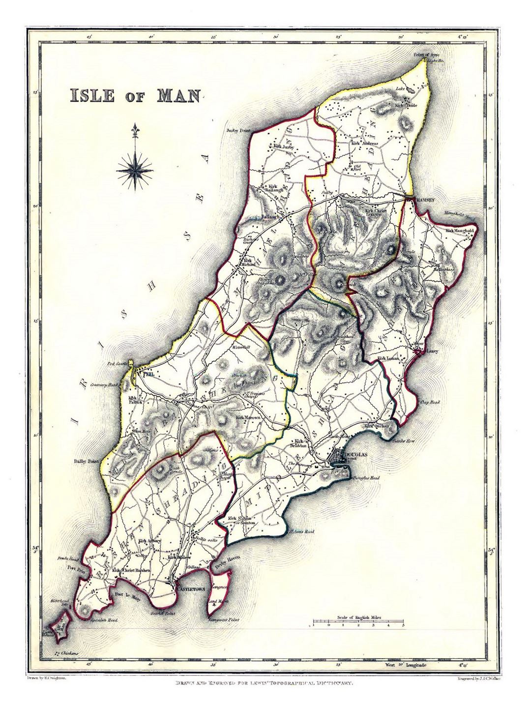 Large old administrative map of Isle of Man - 1848