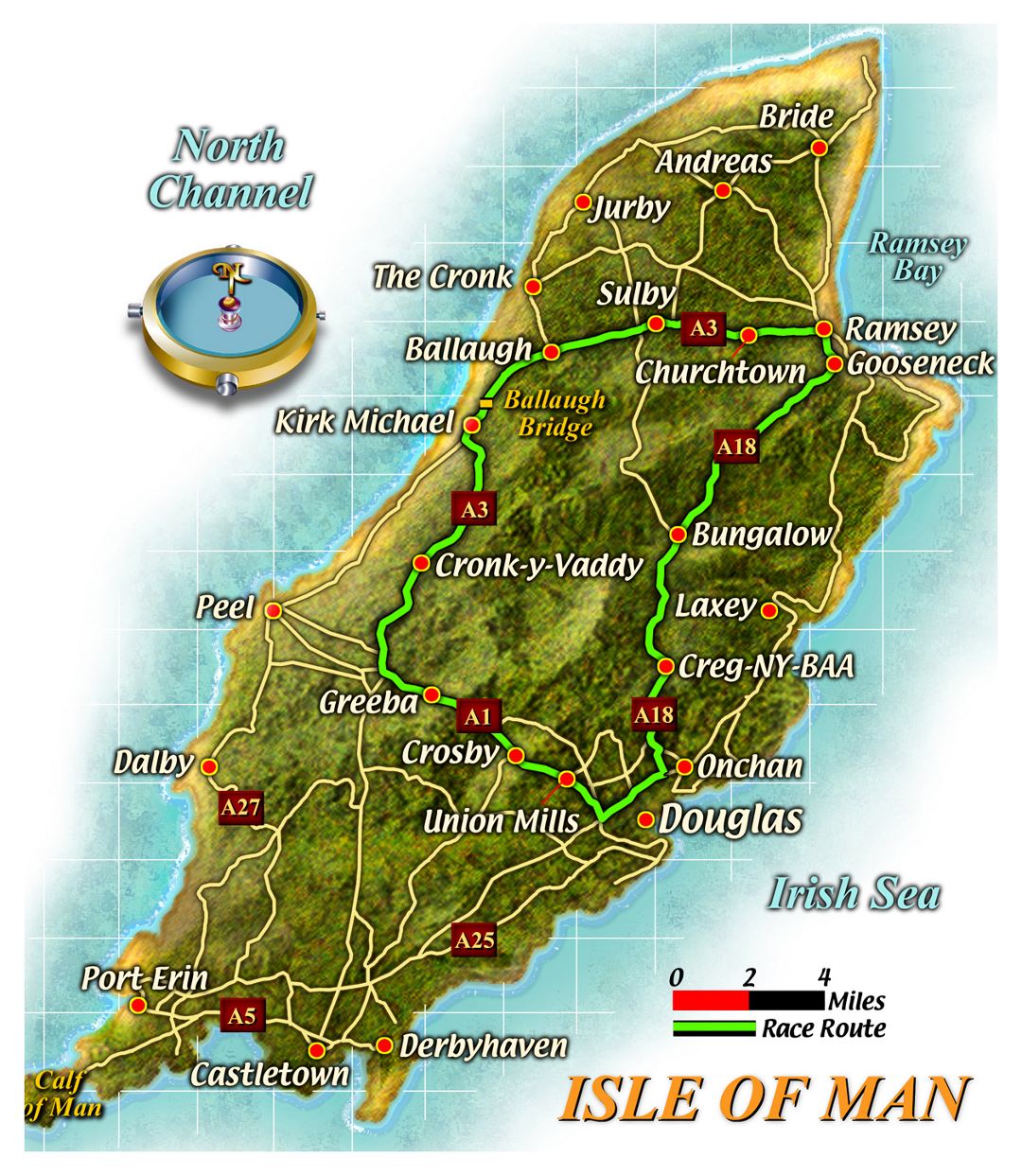Large road map of Isle of Man with cities