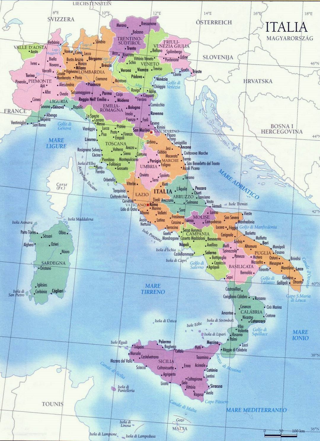 Detailed regions map of Italy with major cities