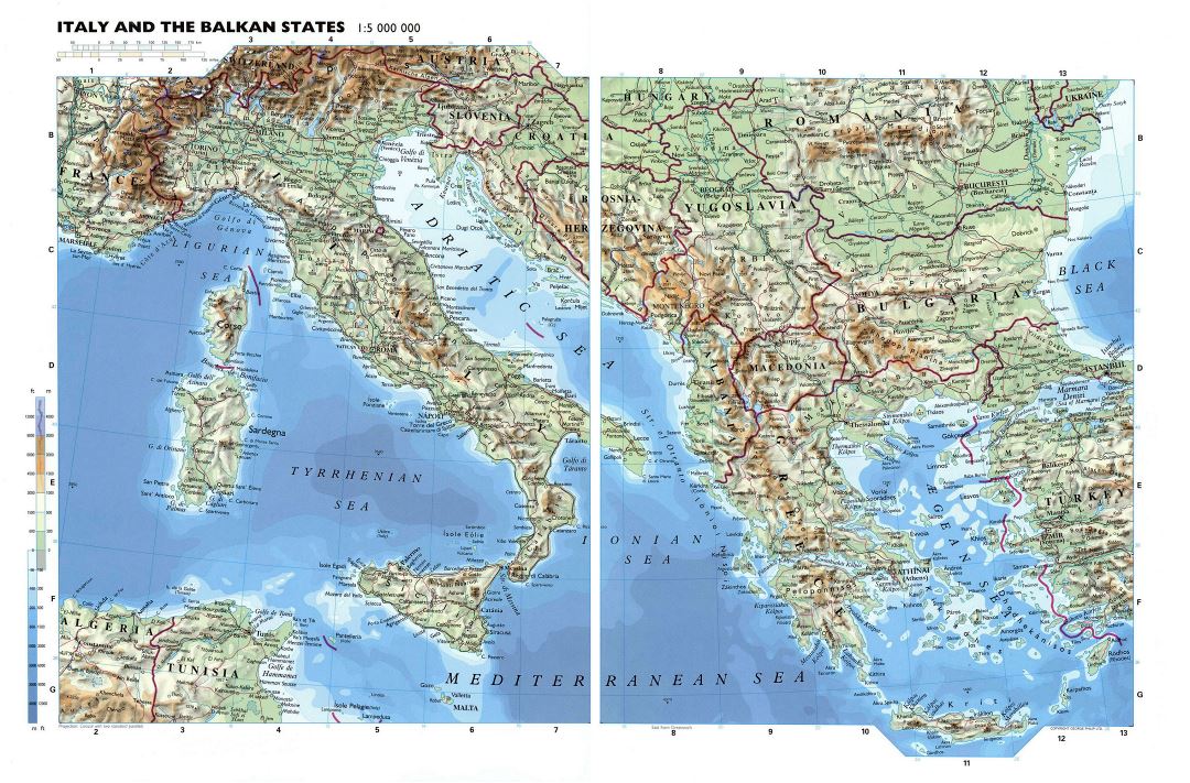Large detailed physical map of Italy and the Balkan States with roads and major cities