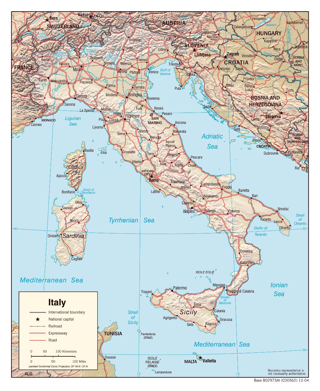 Large detailed political map of Italy with relief, roads and major cities - 2006
