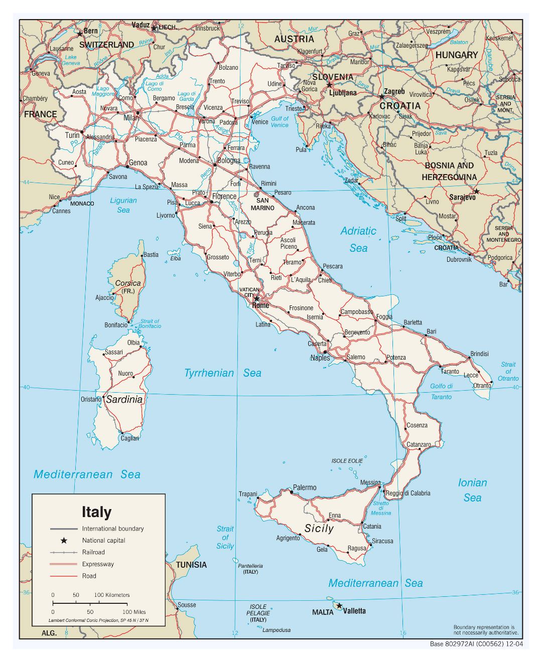 Large detailed political map of Italy with roads and major cities - 2006