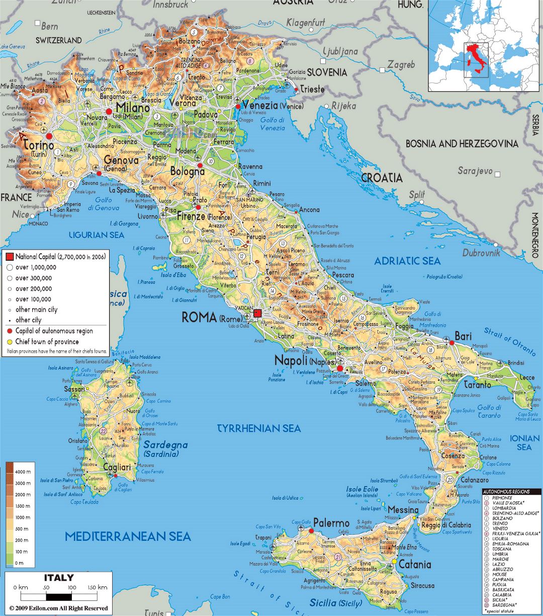 Large physical map of Italy with roads, cities and airports