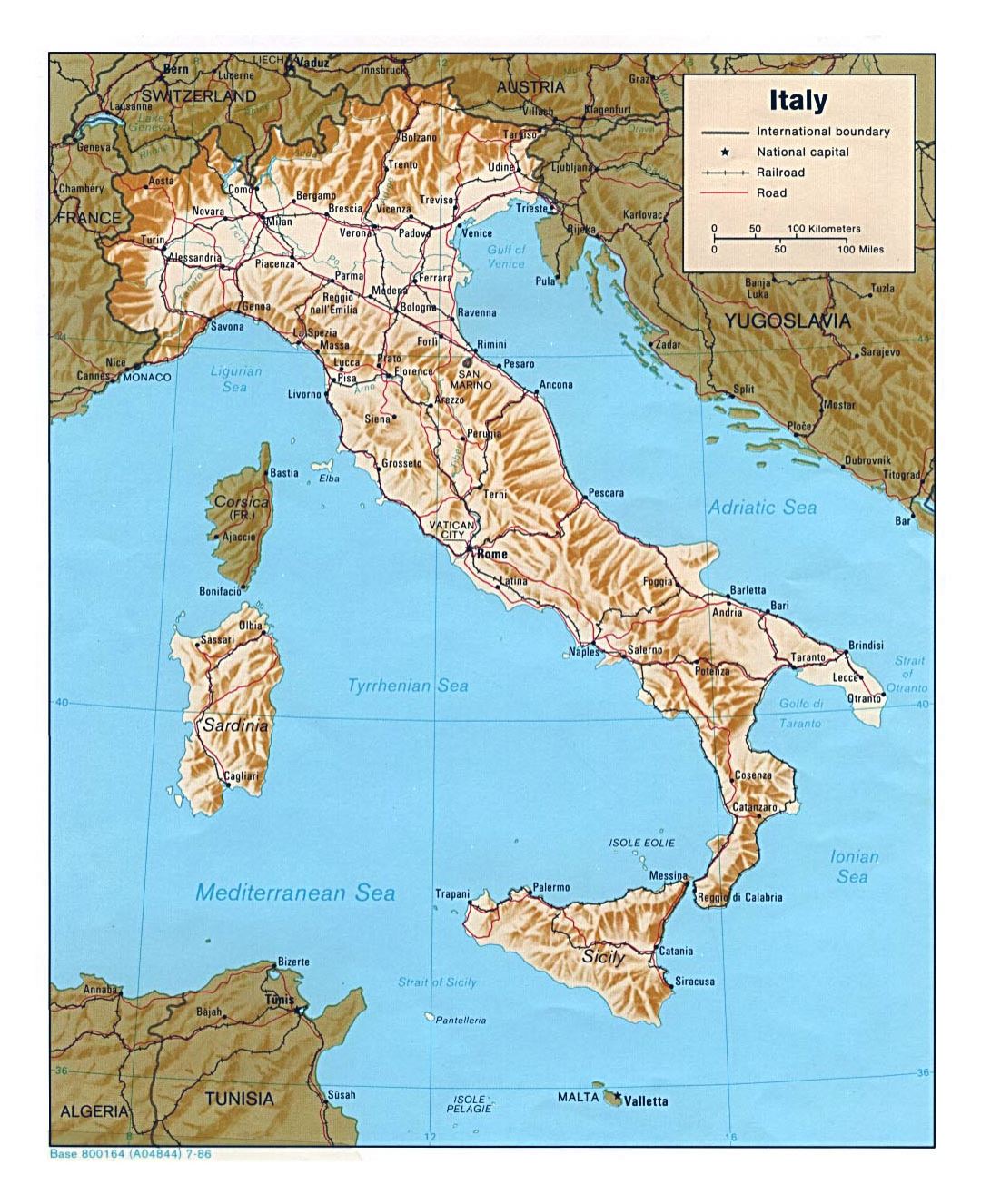Large political map of Italy with relief, roads, railroads and major cities - 1986
