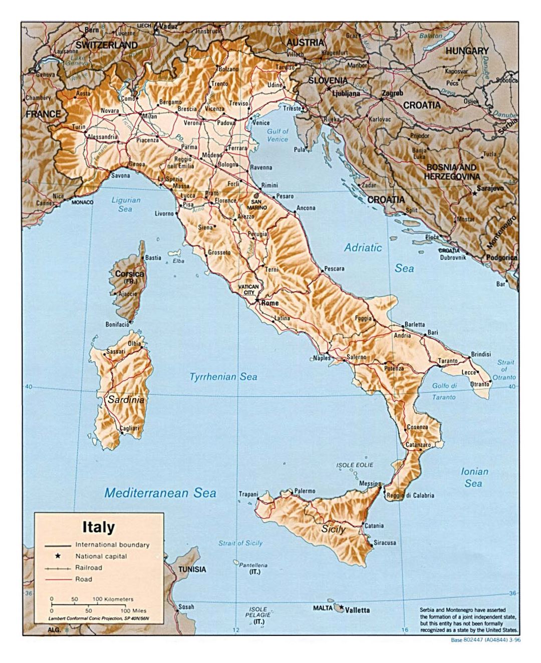Large political map of Italy with relief, roads, railroads and major cities - 1996