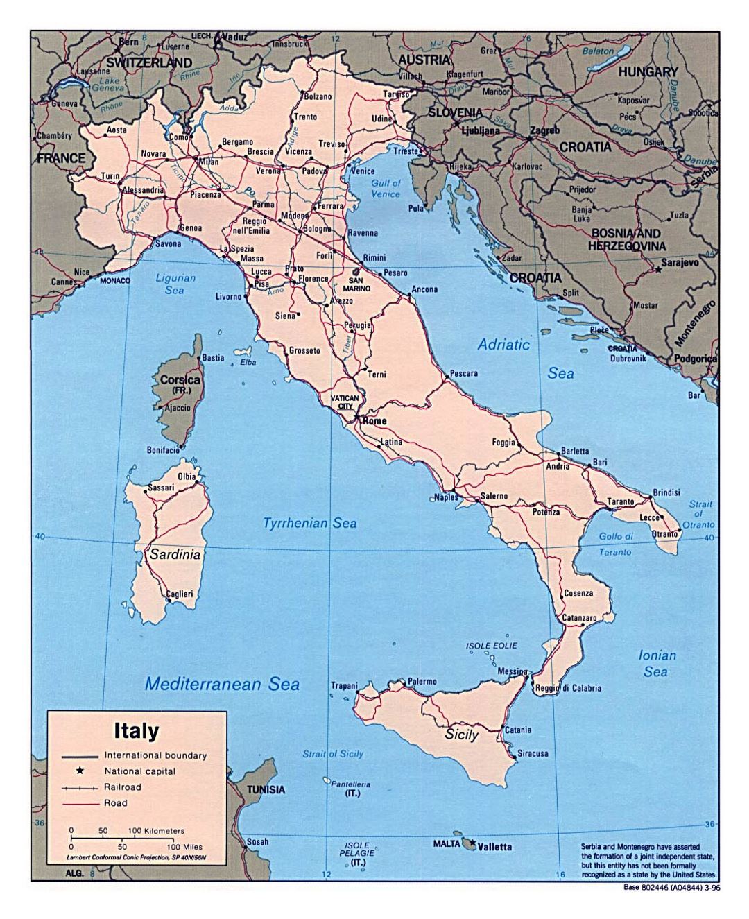 Large political map of Italy with roads, railroads and major cities - 1996