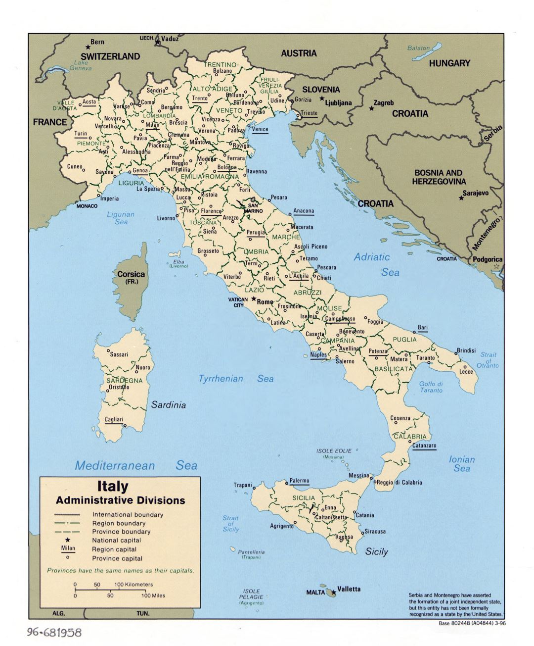 Large scale administrative divisions map of Italy - 1996