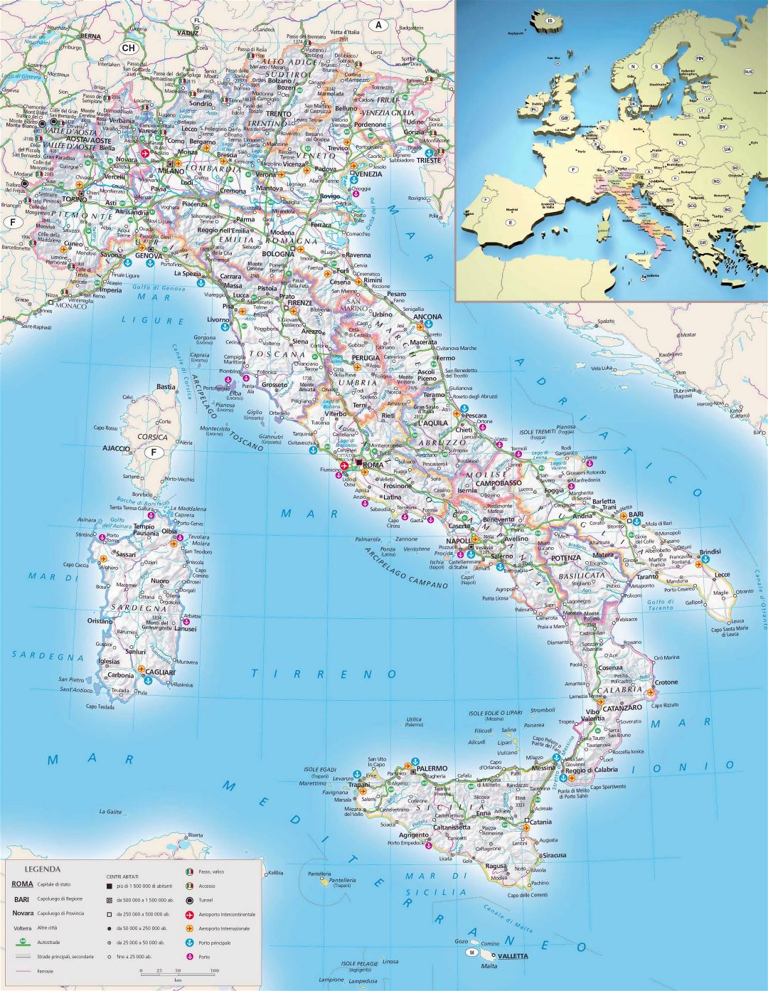 Large scale political and administrative map of Italy with relief, roads, cities, seaports, airports and other marks