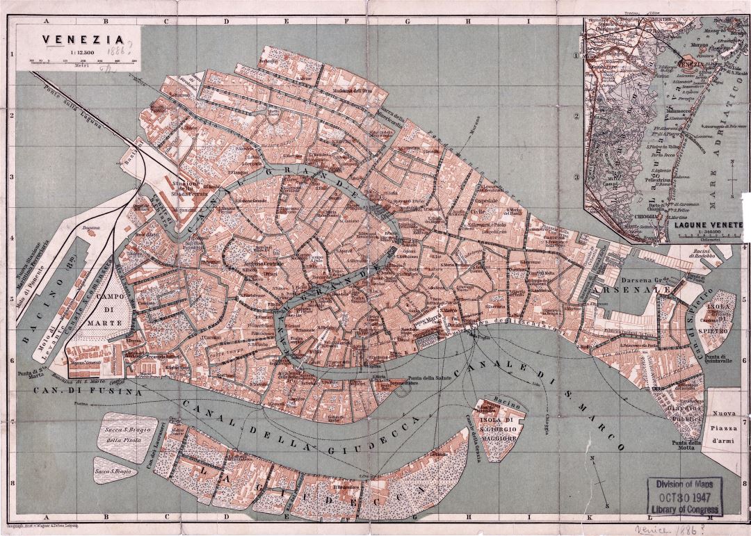 Large detailed old map of Venice city - 1886