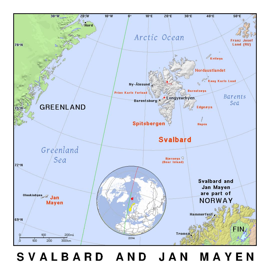 Detailed political map of Svalbard and Jan Mayen island with relief