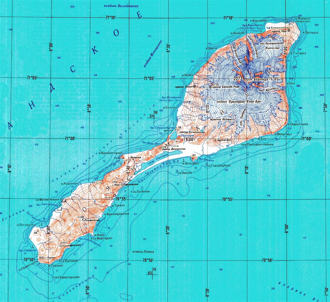 Large detailed topographical map of Jan Mayen island in russian
