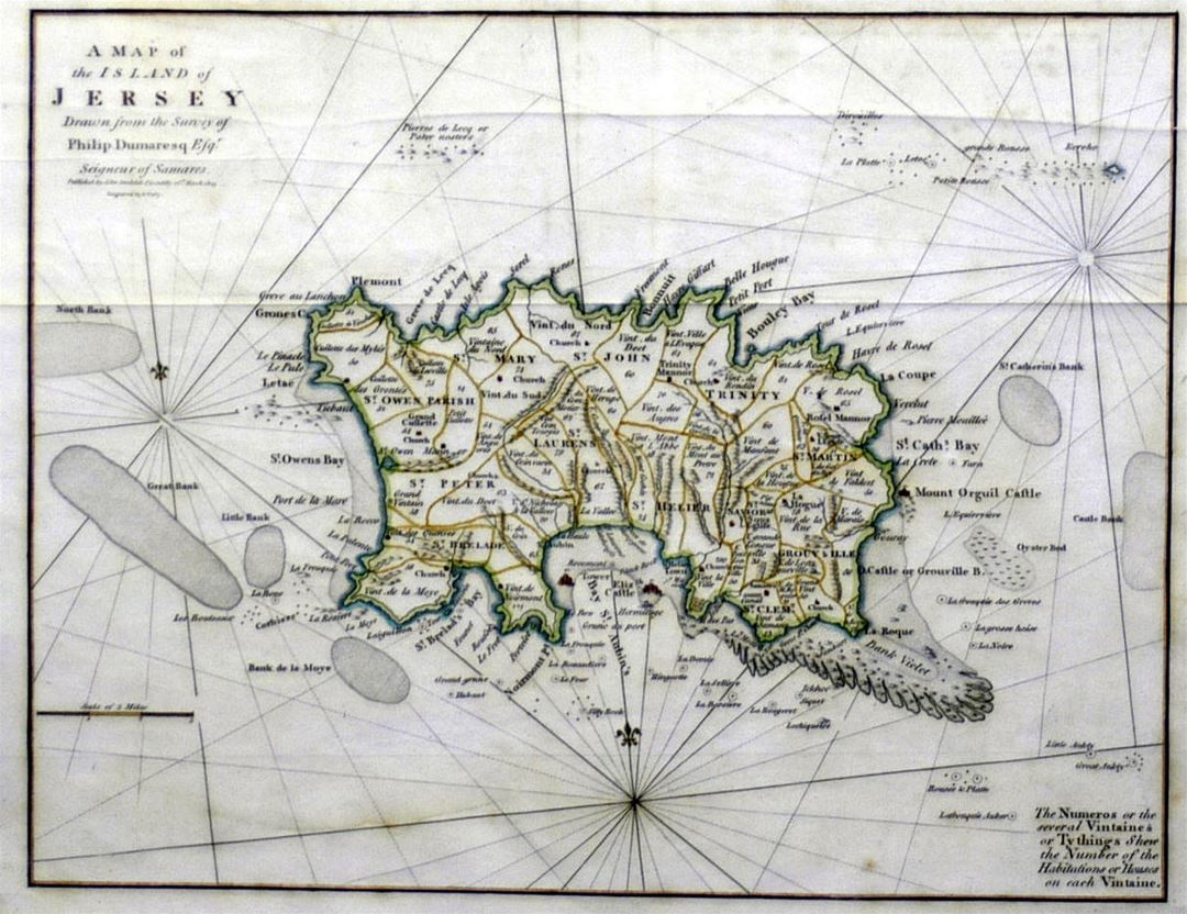 Detailed old map of Jersey with roads