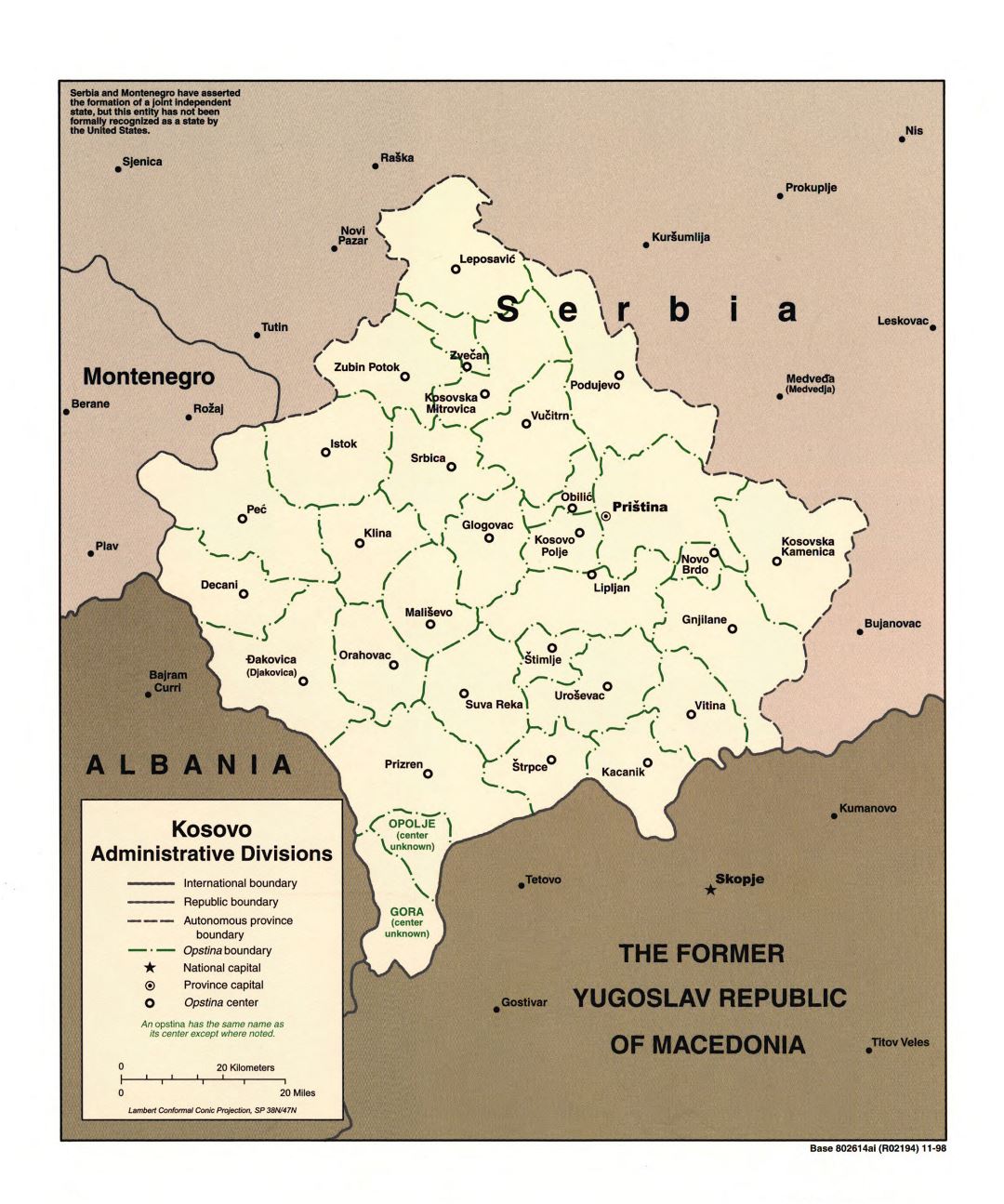 Large detailed administrative divisions map of Kosovo - 1998