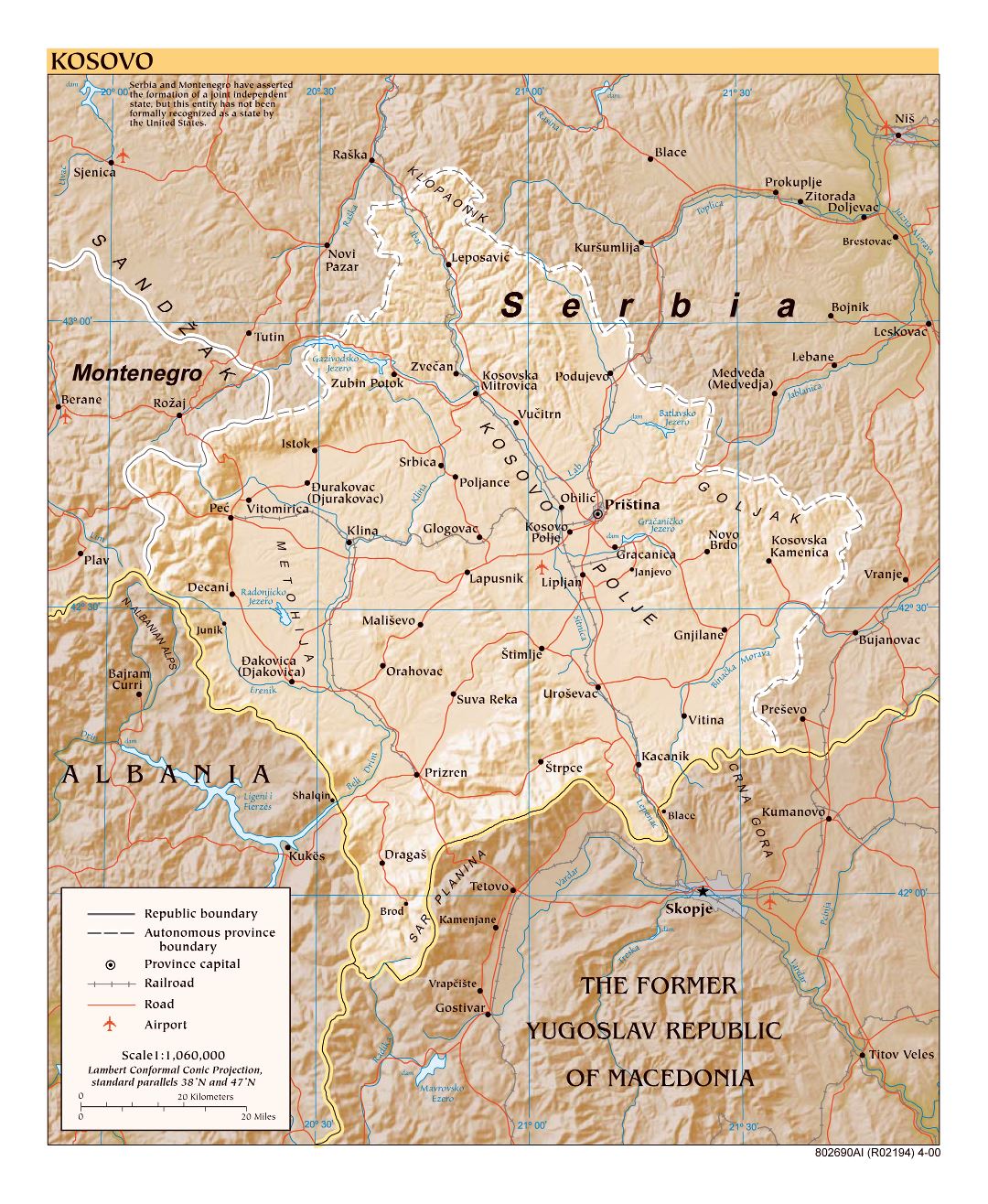 Large detailed political map of Kosovo with relief, roads, railroads, cities and airports - 2000